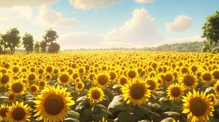 Fototapeta premium Sunflowers Field at Dawn: A Serene Summer Landscape