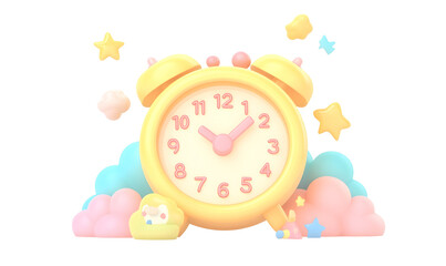 Cute alarm clock, pastel clouds, stars, sleep