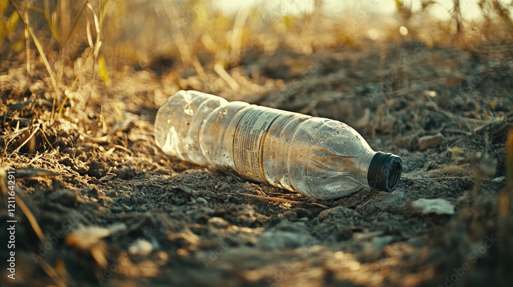 Poster a close-up of an empty plastic bottle lying on the ground in a natural environment, emphasizing the 