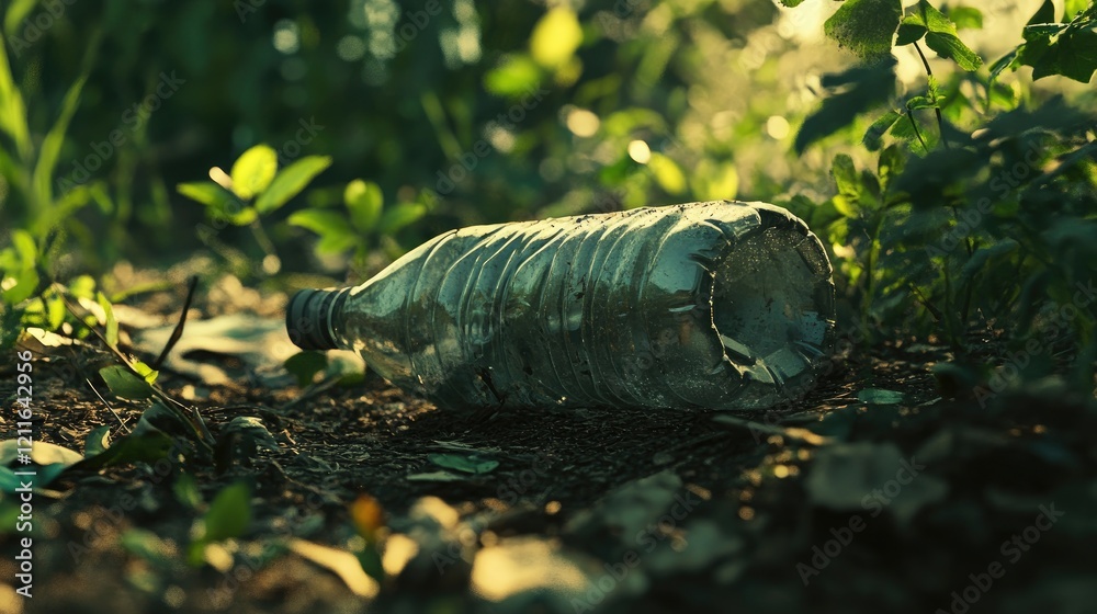 Poster a close-up of an empty plastic bottle lying on the ground in a natural environment, emphasizing the 