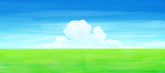 Obraz premium 緑の草原と青空水彩画