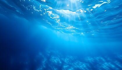 A dramatic underwater view of the deep blue sea during a storm, with abstract blurred waves and dynamic motion, evoking intensity and mystery