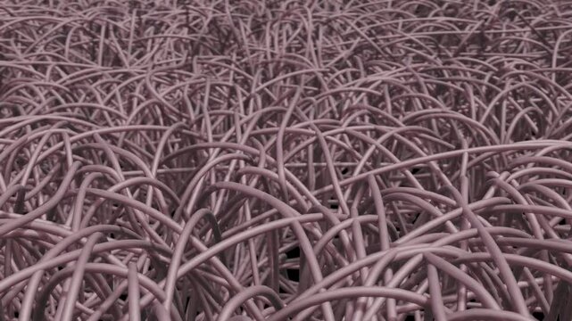 Hundreds of fibers. Tangled strings. Extreme closeup.
Extreme magnification of fibers. Close view of nanofibers. 3d render animation