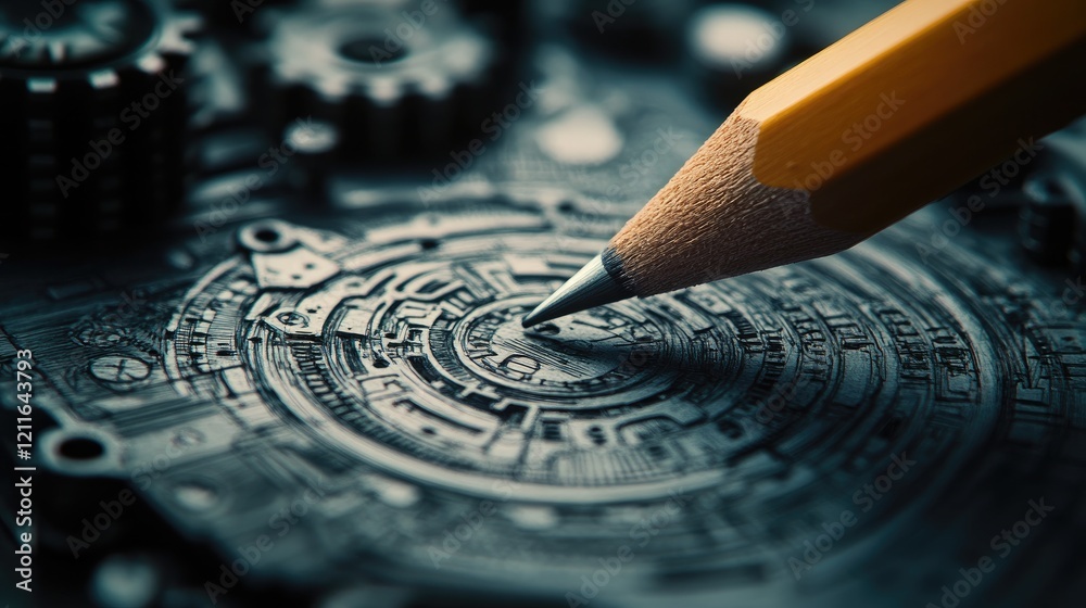 Poster a close-up photo of a pencil on a technical drawing, with intricate mechanical parts in the backgrou