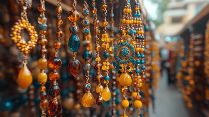 A stunning display of handcrafted amber and gemstone necklaces at an outdoor market. The intricate wirework and rich golden and blue hues highlight the beauty of artisanal jewelry and traditional craf