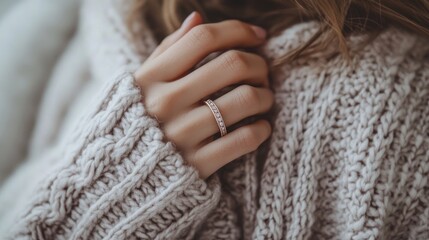 A close-up shot of a beautiful ring on the hand of a woman in a cozy sweater, emphasizing the delicate details and elegance.
