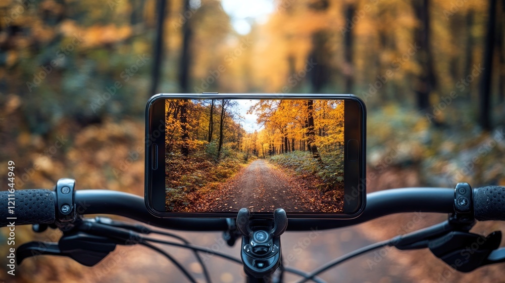 Poster a close-up view of a smartphone mounted on a bicycle's handlebars, displaying a photograph of a scen