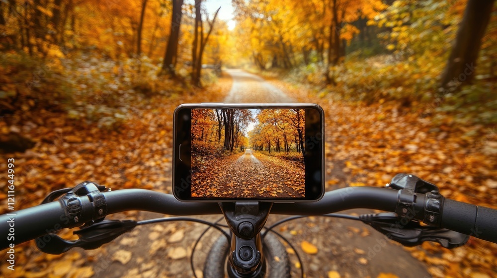 Poster a close-up view of a smartphone mounted on a bicycle's handlebars, displaying a photograph of a scen