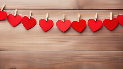 Fototapeta premium Red hearts hanging on a rope isolated on a wooden wall with space for text