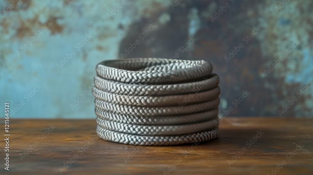 Poster a coil of string rope, ready for use, placed on a wooden surface with natural lighting.