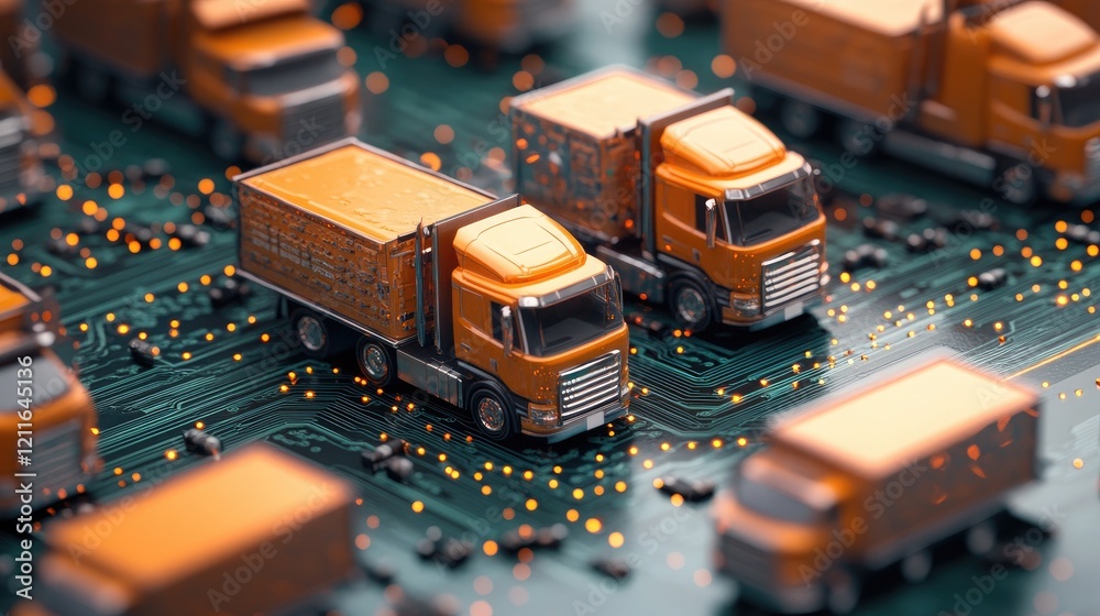 Poster a cluster of miniature orange trucks placed on a digital circuit board, symbolizing logistics and te