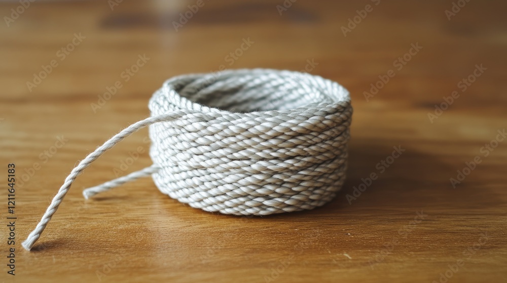 Poster a coil of string rope, ready for use, placed on a wooden surface with natural lighting.