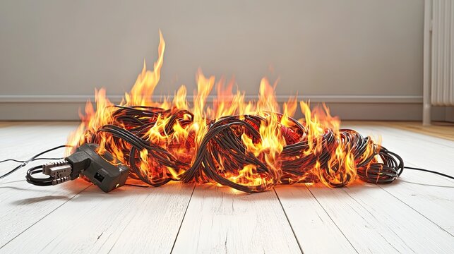 Burning Electrical Cables in a Tangled Mess on Wooden Floor