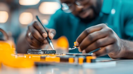 Skilled Technician Carefully Assembles Battery Components in High Tech Lab