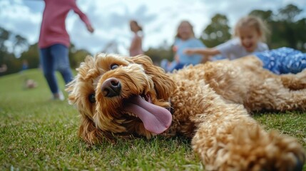 A funny dog lying belly-up on the grass, looking completely relaxed with its tongue lolling out as children play nearby