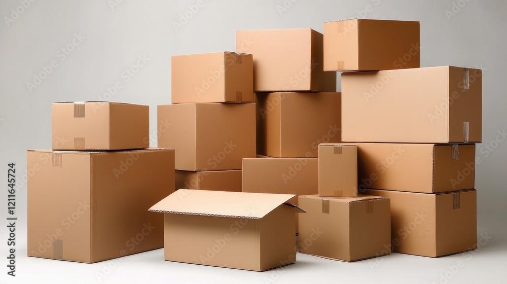 Poster a collection of well-packaged cardboard shipping boxes, all set to be transported or moved to a new 