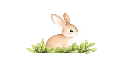 Cute rabbit sitting among lush green foliage, showcasing a serene nature scene