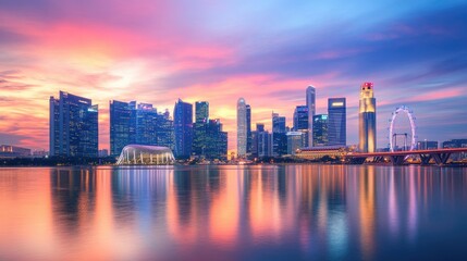 Fototapeta premium A colorful cityscape featuring cutting-edge architecture and water reflections, set against a breathtaking sunset sky for a futuristic look.