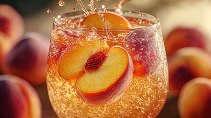 Peach slices create a refreshing splash in a glass of peach nectar