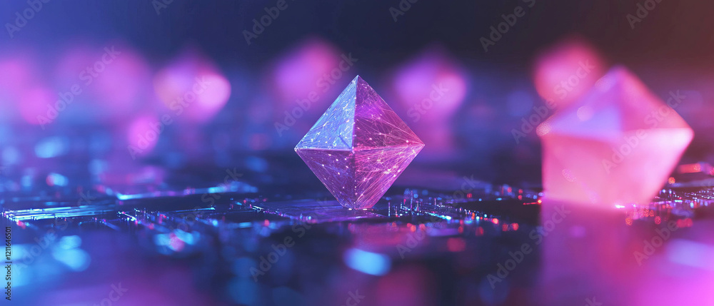 Fototapete Data flows and blockchain nodes create a vibrant abstract background in pulses of color