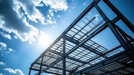 Insight into industrial zone with a steel bridge against a blue backdrop.