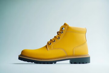 Yellow leather ankle boots on white background.