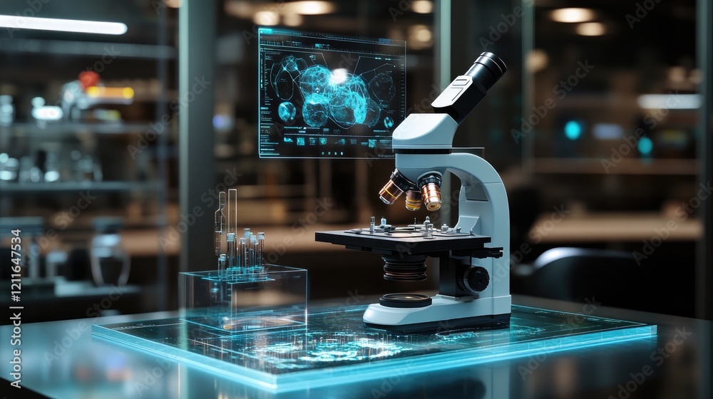 Poster A cutting-edge digital microscope with holographic displays, showcasing advanced technology and innovation in science education.