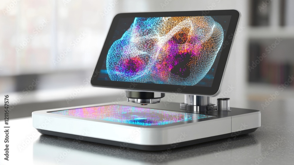 Poster a cutting-edge digital microscope with holographic displays, showcasing advanced technology and inno