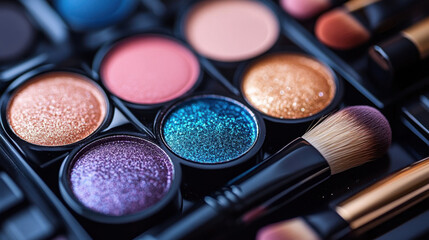 A colorful eyeshadow palette with shimmery shades of blue, gold, pink, and purple, accompanied by soft makeup brushes, creating a luxurious and artistic beauty composition.