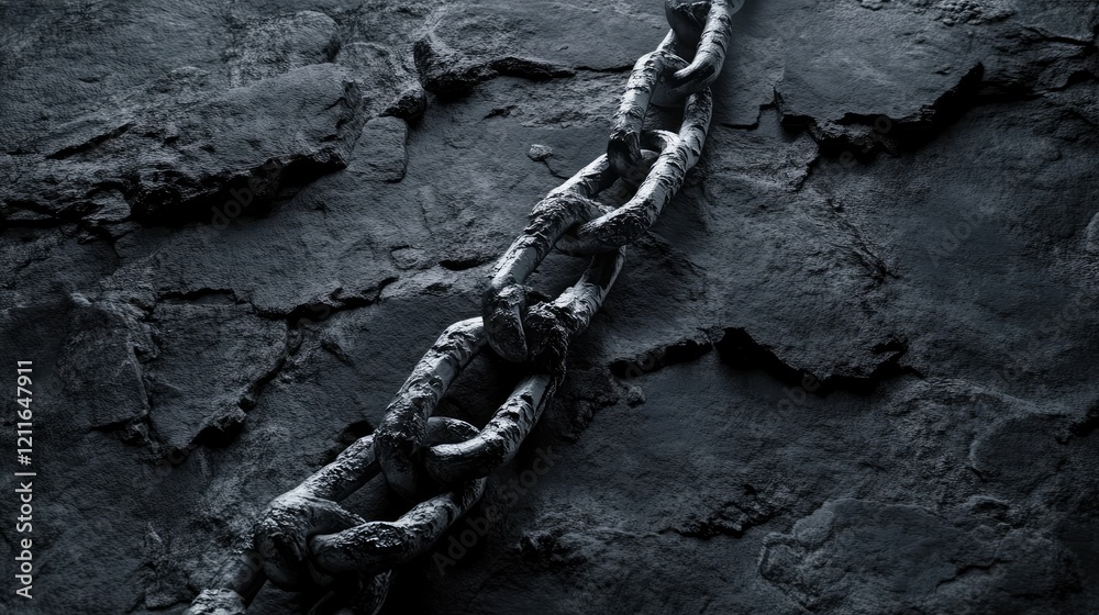Poster a dark and evocative image of a shattered chain on dark gray rocks, with a stark, black background, 