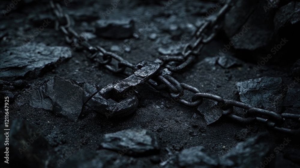 Poster a dark and evocative image of a shattered chain on dark gray rocks, with a stark, black background, 