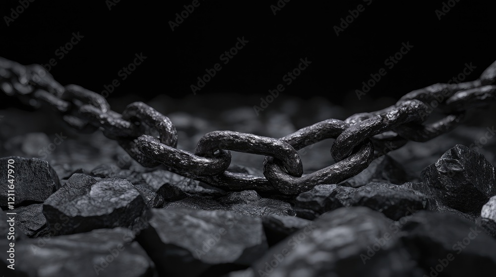 Poster a dark and evocative image of a shattered chain on dark gray rocks, with a stark, black background, 