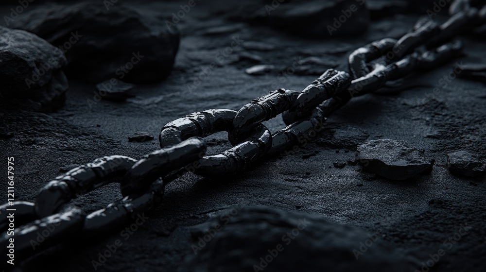 Poster a dark and evocative image of a shattered chain on dark gray rocks, with a stark, black background, 