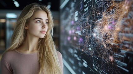 Fototapeta premium A Thoughtful Woman Analyzing an Extensive Data Display in the World of Technology and Artificial Intelligence