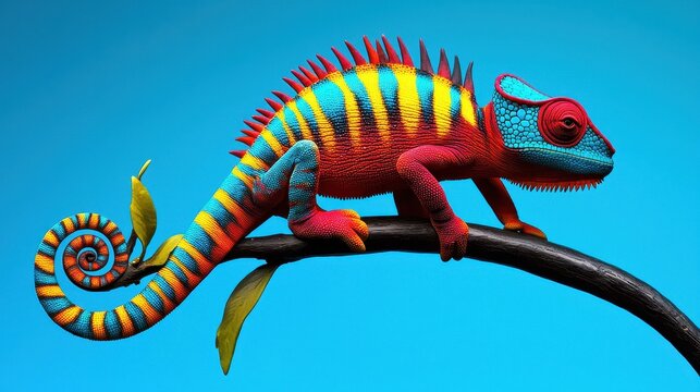 A striking chameleon in a spectrum of colors, set against a blue canvas.