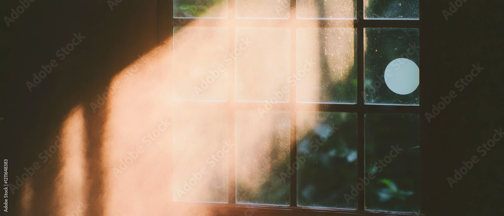 Poster dusty sunlight filters through a window creating a warm and atmospheric glow indoors