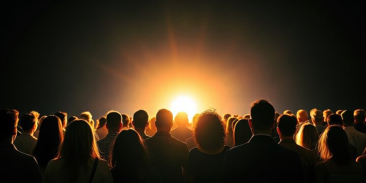 a diverse crowd of individuals facing a bright horizon, with their backs to the viewer, emphasizing unity and anticipation