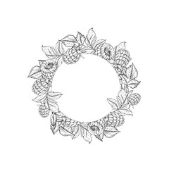 Raspberry vector black and white wreath hand drawn with ink. Frame with leaves, berries of raspberry on a white background. Template for label design