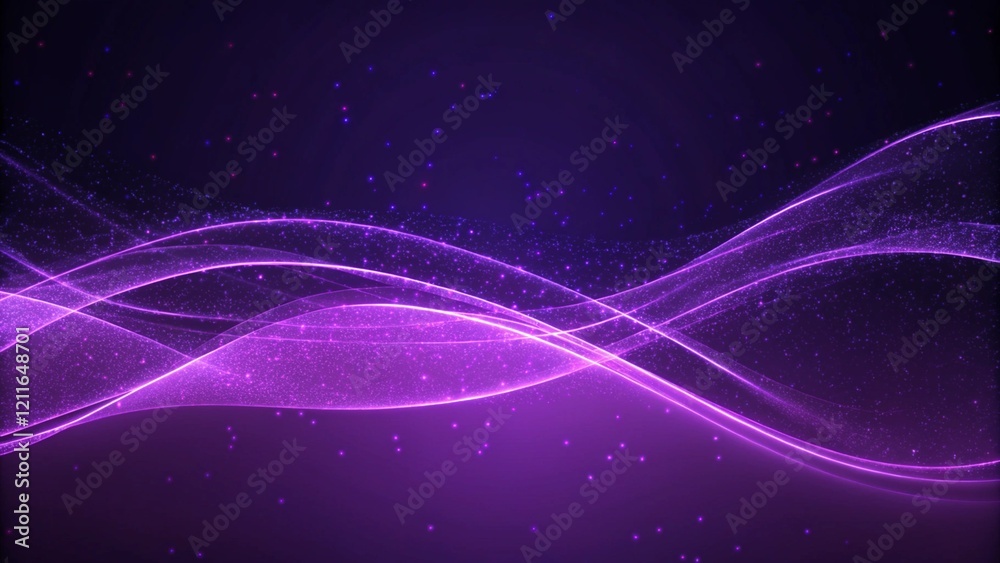 Aufkleber digital purple particles wave and light abstract background with shining dots stars, futuristic glow