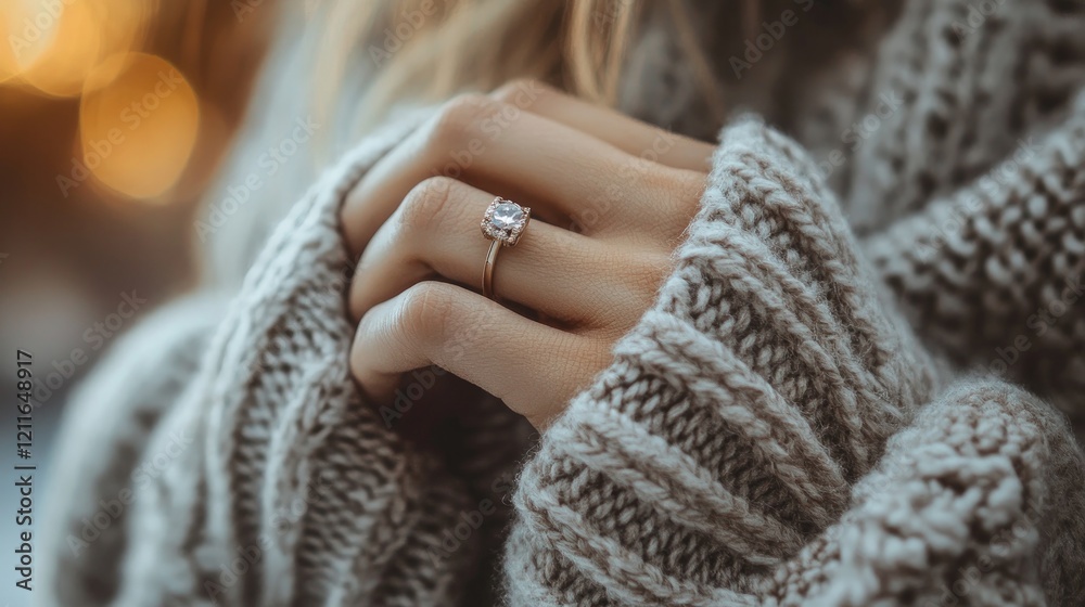 Poster A detailed close-up of a woman's hand wearing a sparkling ring, gently placed on a sweater, creating a warm and stylish mood.