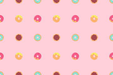 Donut Seamless Pattern Background. Summer background with bakery, buns. Vector seamless background with colorful donuts with icing and sprinkles on pink background. Cover. Flat donut illustration
