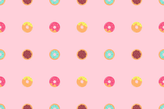 Donut Seamless Pattern Background. Summer background with bakery, buns. Vector seamless background with colorful donuts with icing and sprinkles on pink background. Cover. Flat donut illustration