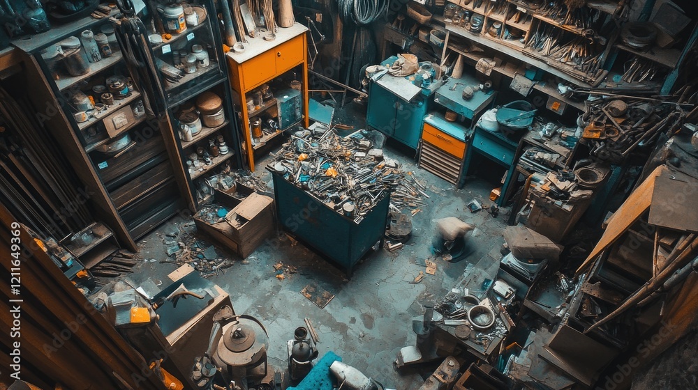 Poster a detailed image of an artisan shop where discarded materials are being repurposed for new creations