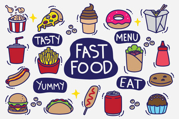 set of fast food doodle color good forbackground, wallpaper, sticker, element design, icon, etc