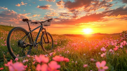 Naklejka premium Sunset Bicycle Ride in a Field of Flowers