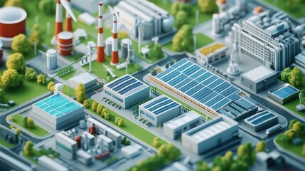 A detailed isometric rendering of a modern industrial complex with a focus on sustainability, showing solar energy panels, wind turbines, and clean technologies.