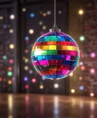 Fototapeta premium Colorful disco ball hanging at a party with bokeh lights in the background, party, lights, nightlife