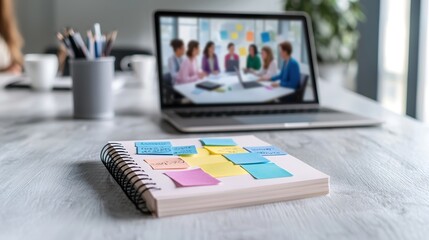 A close-up shot of a notepad filled with colorful notes and ideas on promoting diversity in education, with an open laptop in the background displaying a virtual meeting of educators sharing their