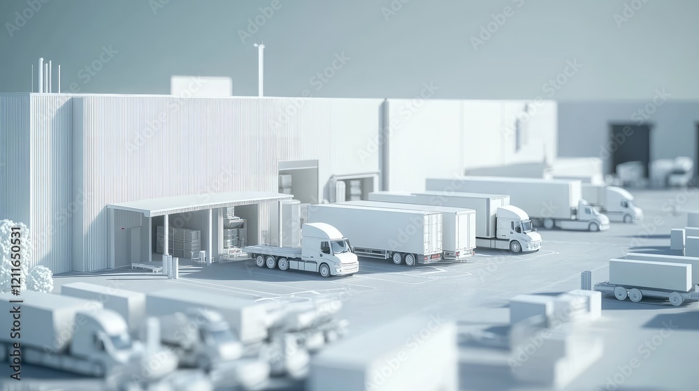 Poster a digital 3d model of a white modern factory area with logistics vehicles parked outside, highlighti