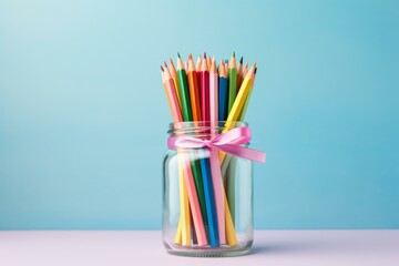 Obraz premium Vibrant colored pencils arranged in a glass jar tied with a pink ribbon, set against a soothing pastel backdrop, creating a cheerful and artistic atmosphere